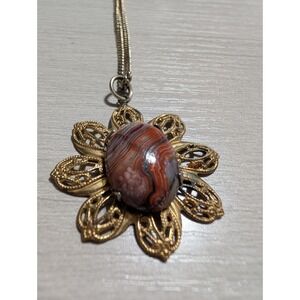 Vintage Banded Agate Filigree Flower Pendant Necklace Gold Tone Mid Century